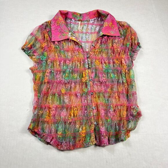 Free People Julie Lace Button Down Shirt Colorful Y2K Short Sleeve Boho Top M - Picture 1 of 10